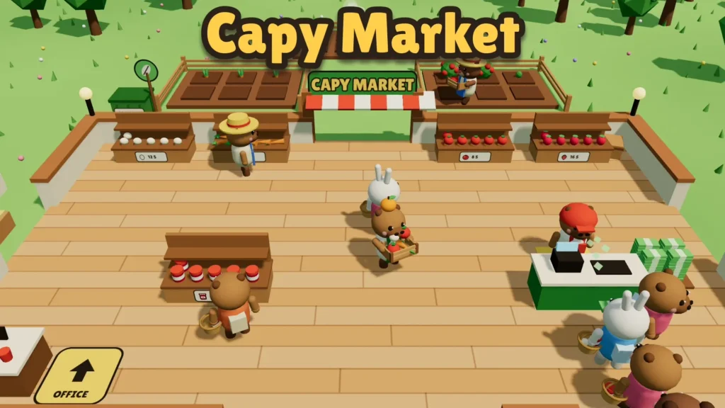 A 3D low-poly view of the Capy Market tycoon simulator, showing a cute capybara wearing a yuzu on its head carrying a crate of tomatoes, while rabbit customers line up at the cash register and capybara farmers tend to the carrot fields.