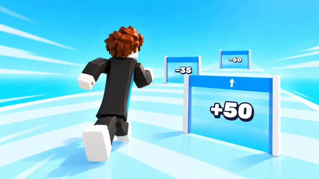 A blocky Roblox-style character running forward on a light blue track in Tall Noob Man, approaching a bright blue gate labeled +50 while avoiding negative gates marked -35 and -60.