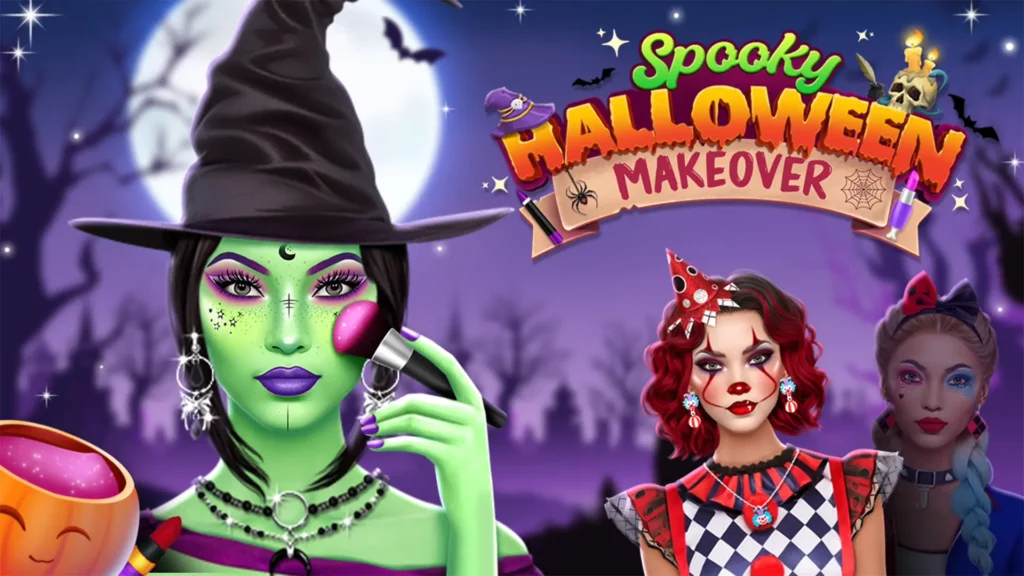 Title screen for the Spooky Halloween Makeover game showing a glamorous green-skinned witch with a black hat applying pink blush with a brush, standing next to a creepy girl dressed as a harlequin clown. The characters are set against a spooky purple night sky featuring a full moon, flying bats, and dark haunted house silhouettes.