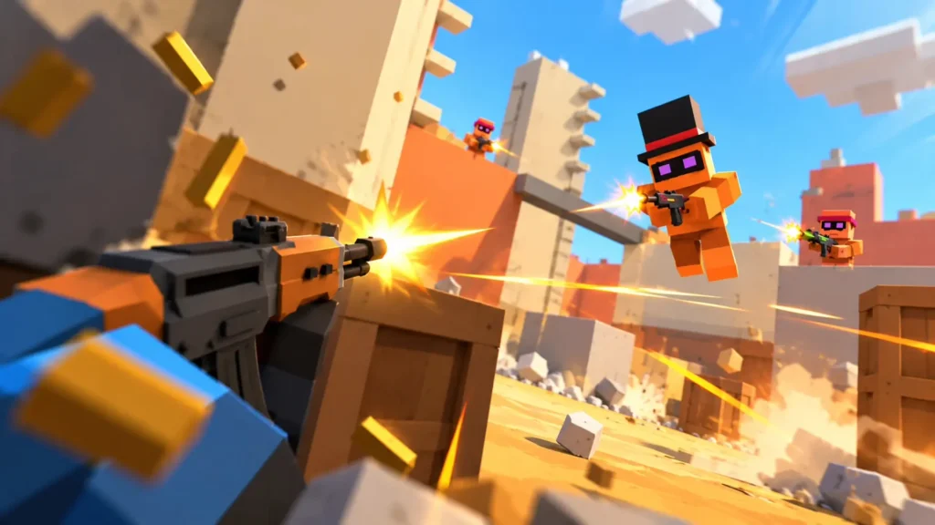 First-person view in the voxel arena shooter Cube Rivals, holding a blocky orange and black assault rifle firing bright yellow tracer bullets at orange cube-shaped enemies with glowing purple visors, including one opponent jumping through the air wearing a black top hat in a sunlit sandy map filled with wooden crates.