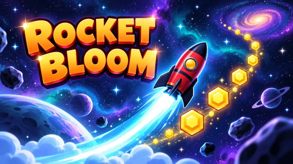 Title screen art for the browser game Rocket Bloom, featuring a shiny red and black cartoon rocket ship blasting off with a bright blue exhaust trail, leaving a path of glowing gold hexagonal coins as it flies through a vibrant, starry purple galaxy filled with planets, asteroids, and a swirling nebula.
