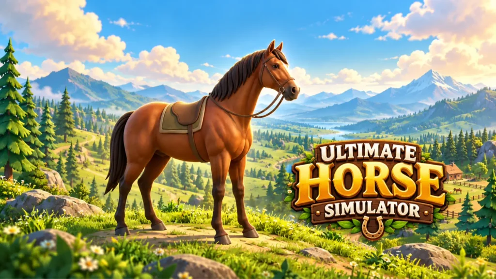 Detailed 3D gameplay from Ultimate Horse Simulator featuring a beautiful brown Arabian horse saddled up and standing on a grassy hill overlooking a lush savanna valley, mountains, and a river, with the wooden game logo prominently displayed in the foreground.