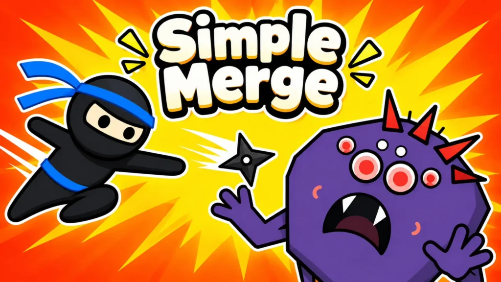 Promotional gameplay banner for Simple Merge showing a black doodle ninja hero throwing a shuriken at a giant purple multi-eyed Titan monster against an explosive orange and yellow comic-book style background.