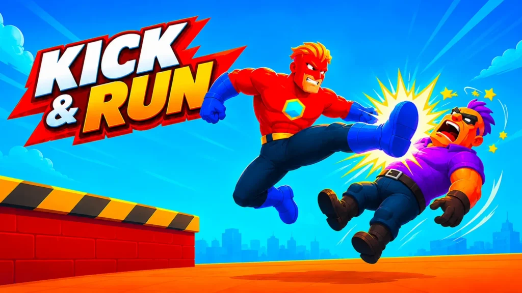 Title screen art for Kick & Run showing a muscular runner in a red and blue superhero suit delivering a powerful flying kick to the face of a thug in a purple shirt. The fast-paced action happens on an orange rooftop with hazard stripes under a bright blue sky, with the Kick & Run logo on the left.