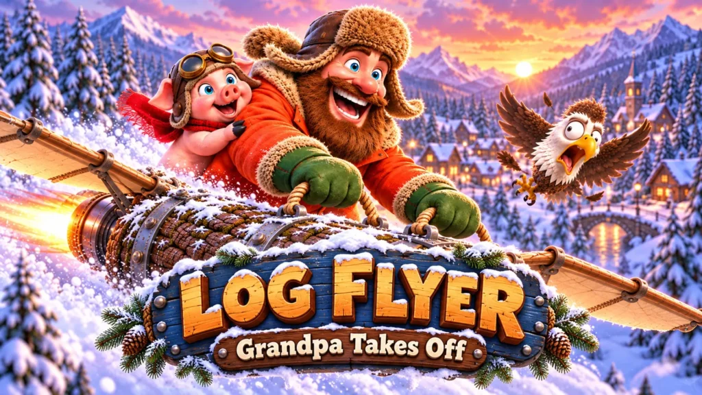 A cheerful, bearded Grandpa in a winter hat and orange jacket flies a rocket-powered log through a snowy mountain valley in Log Flyer: Grandpa Takes Off, accompanied by a smiling piglet in aviator goggles and a startled eagle flying nearby.