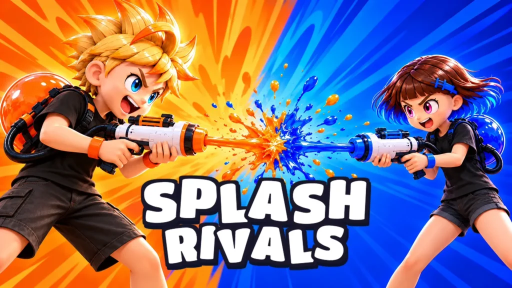 Splash Rivals gameplay banner featuring an intense Splatoon-style standoff between a blonde boy and a brown-haired girl, both firing heavy streams of orange and blue paint from futuristic water blasters that collide in the center against a vibrant, split-color background.