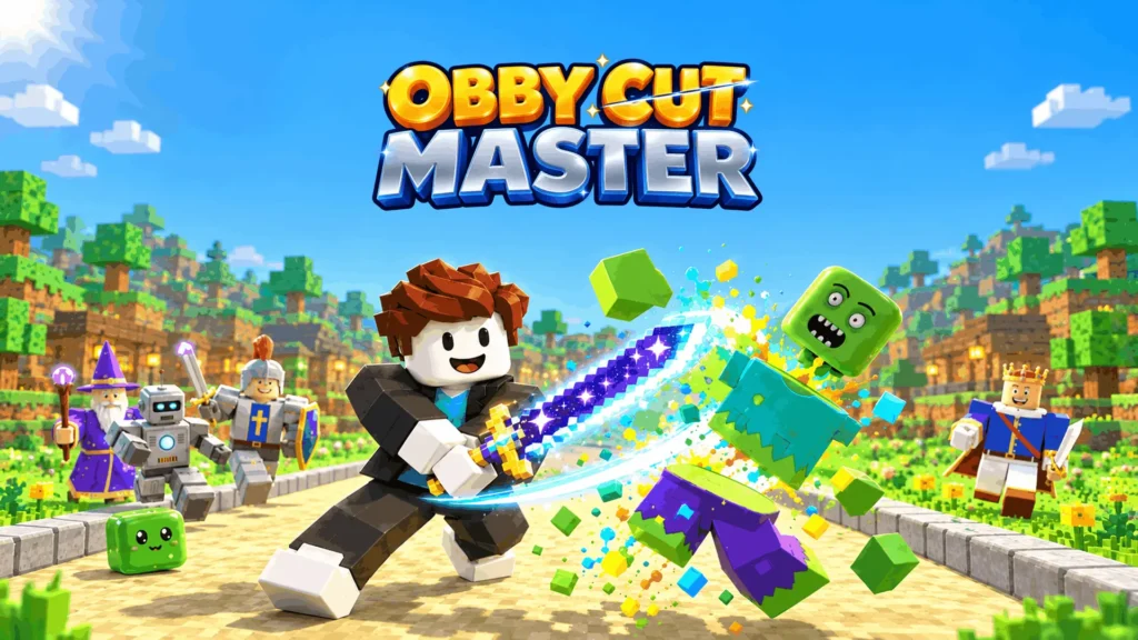 A dynamic 3D voxel scene from Obby Cut Master showing a blocky character with a glowing purple sword slicing a green zombie piñata in half, scattering colorful paint blocks along a sunny brick path.