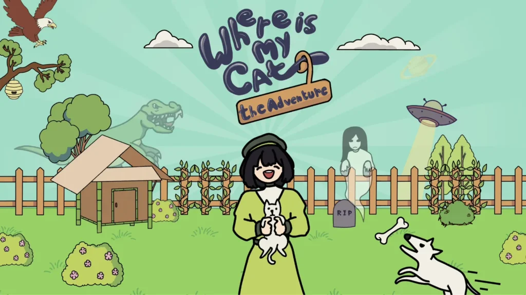 A whimsical hand-drawn title screen for Where is My Cat: The Adventure, featuring a smiling girl in a green dress holding a white cat in a lush backyard. The colorful background showcases quirky elements like a ghostly figure by a gravestone, a flying UFO, a faint T-Rex outline, a dog chasing a bone, and an eagle carrying a beehive.