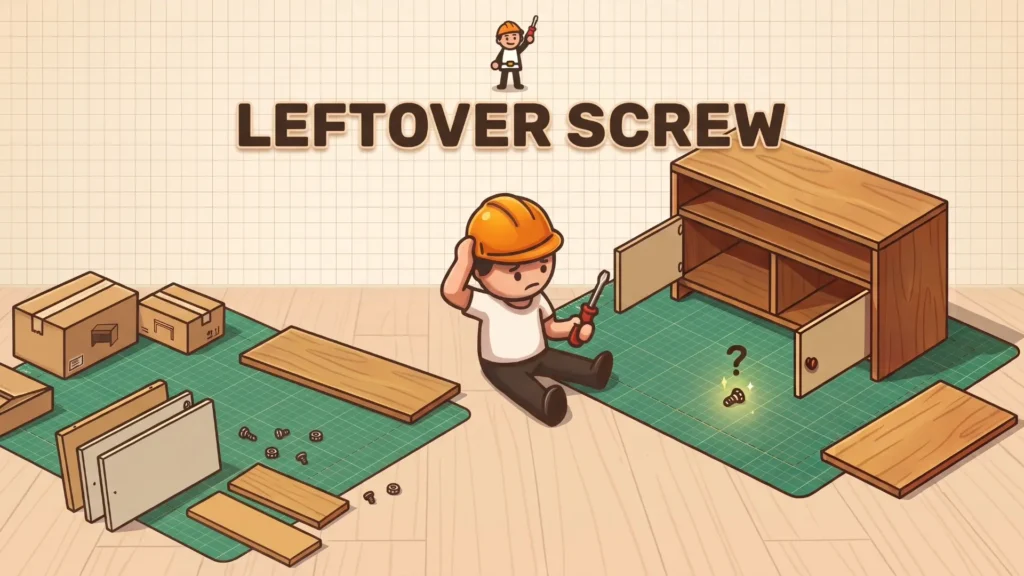 A confused cartoon worker in a hard hat sitting on a green cutting mat, scratching his head while holding a screwdriver next to a partially assembled wooden cabinet, flat-pack boxes, loose boards, and a single glowing leftover screw, with the Leftover Screw game logo at the top.