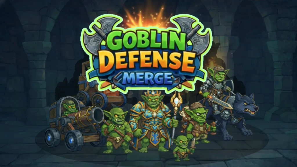The title screen of Goblin Defense Merge, featuring a fierce lineup of medieval fantasy monsters including a goblin king in blue armor, a goblin riding a dark wolf, and another operating a wooden cannon inside a stone dungeon.