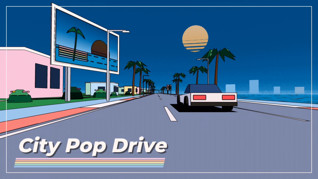Gameplay screenshot of the 80s retro arcade driving game City Pop Drive, featuring a white sports car racing on a coastal highway toward a geometric sunset, surrounded by pastel pink buildings, palm trees, and a retro neon billboard under a dark blue sky