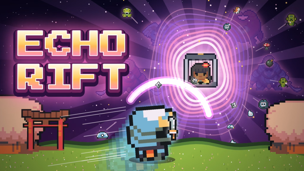 Echo Rift free online pixel-art game banner featuring a small blue ninja character holding a sword while dashing forward. In the background, a swirling purple dimensional portal reveals a girl's face, set against a starry purple space background filled with floating enemies, a red Japanese Torii gate, and the large blocky title text ECHO RIFT.