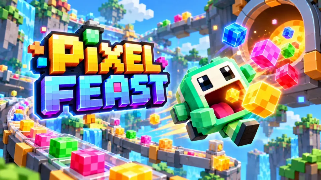 A vibrant 3D voxel scene from the browser game Pixel Feast, featuring a green, blocky character with a wide open mouth jumping toward colorful floating pixel cubes in a bright, sky-high environment.