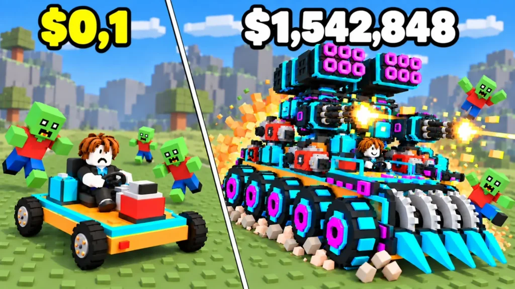 A split-screen comparison from the game Build Car for Kill Zombies, showing a basic $0.1 go-kart driven by a blocky character dodging zombies on the left, and a massive $1,542,848 heavily armored neon tank equipped with glowing rocket launchers and giant spikes blasting through zombie hordes on the right.