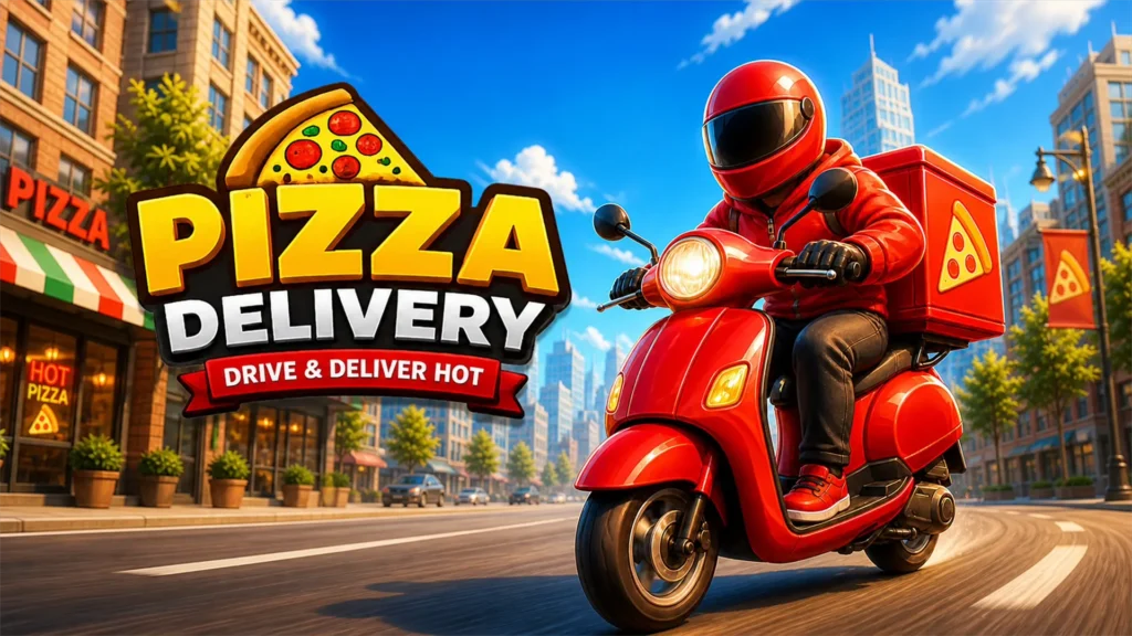 A vibrant 3D rendering of the Pizza Delivery: Drive and Deliver Hot game, featuring a driver in a red jacket and black-visored red helmet riding a bright red scooter down a sunny, bustling city street. The driver carries a large red delivery box on the back of the scooter, positioned next to a bold yellow and white title logo that includes a pepperoni pizza slice graphic