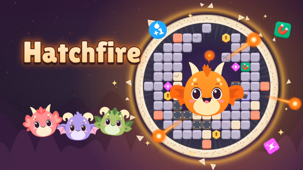 Hatchfire Dragon Brick Breaker gameplay banner featuring a cute orange baby dragon inside a circular breakout egg arena with bouncing fireballs, rune bricks, magnets, and colorful collectible dragons.