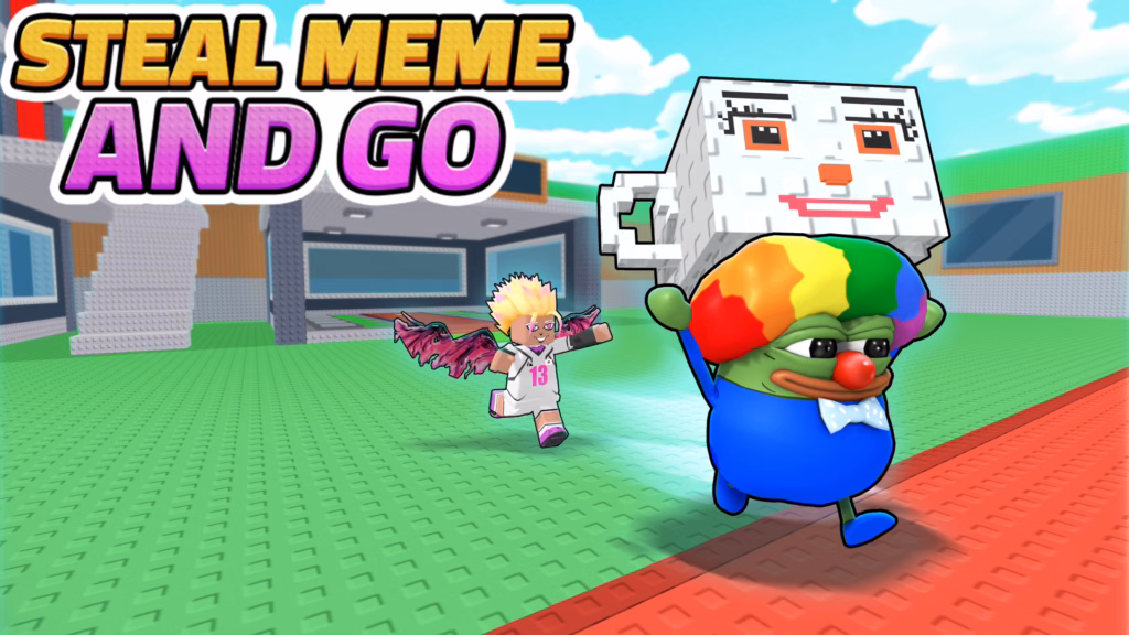 Gameplay from Steal Meme And Go showing a 3D character resembling Pepe the Frog wearing a colorful clown wig and carrying a giant blocky meme mug above his head, running away from a winged Roblox-style avatar on a green grid lawn