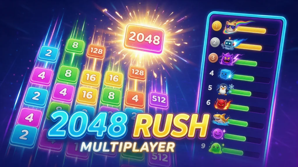 Glowing neon numbered blocks cascading and merging into a bright 2048 tile alongside a competitive 9-player live scoreboard featuring colorful avatars like a cat, robot, and monster in the browser game 2048 Rush - Multiplayer.