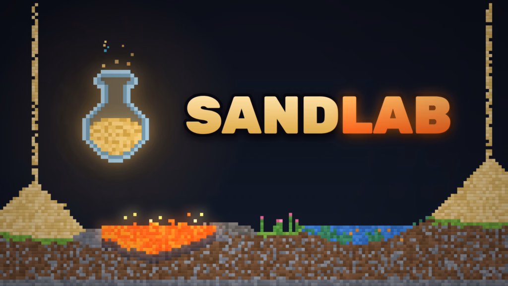 A pixel art scene in the SandLab physics simulator featuring the orange game logo next to a glowing glass flask filled with falling sand, hovering above a terrain made of brown dirt, bright orange lava, green acid, and blue water.