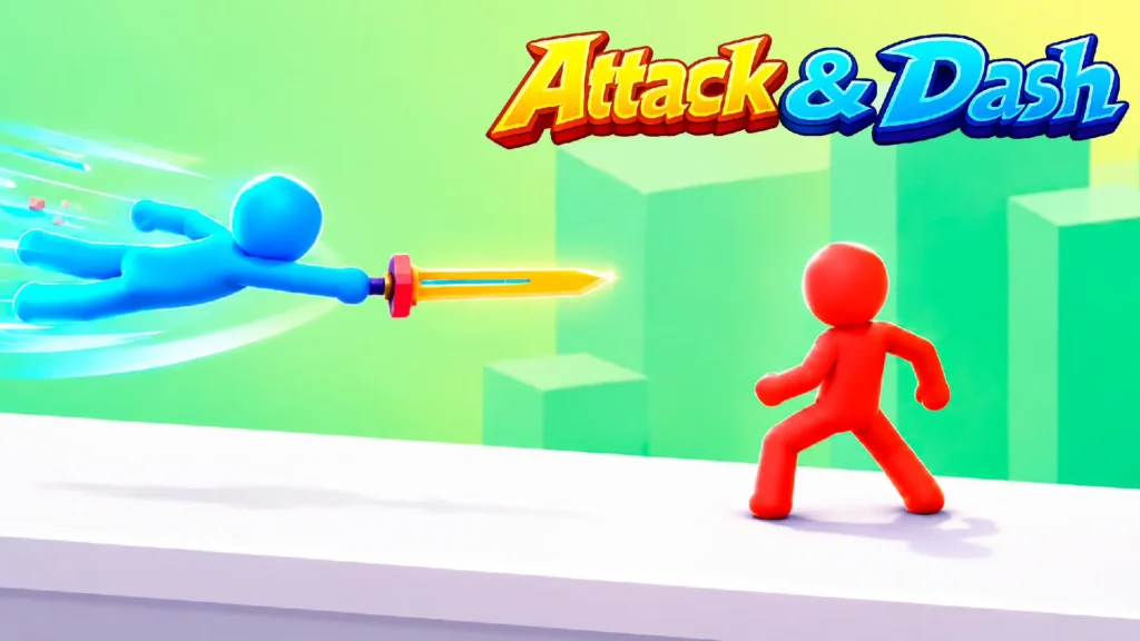 A dynamic 3D scene from the browser game Attack & Dash, featuring a blue stickman ninja flying horizontally through the air with a golden sword to strike a red stickman enemy standing on a white platform against a bright green background.