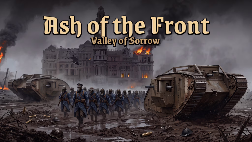 Ash of the Front game banner showing a grim battlefield scene with two massive, riveted dieselpunk tanks resembling WW1 Mark IV models rolling through a muddy, cratered landscape. A company of soldiers wearing blue coats, helmets, and gas masks marches forward between the tanks, with a heavily damaged, burning palace building in the background beneath the stylized text 'Ash of the Front Valley of Sorrow'.