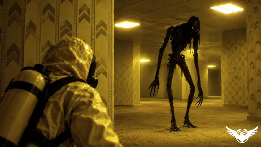 Backrooms Exit Protocol 0 game banner showing a player character in a yellow hazmat suit with an oxygen tank crouching cautiously behind a wall corner. They are hiding from a terrifying, tall, dark, lanky monster with glowing red eyes and long claws that is standing in the middle of a fluorescent-lit yellow backrooms hallway.