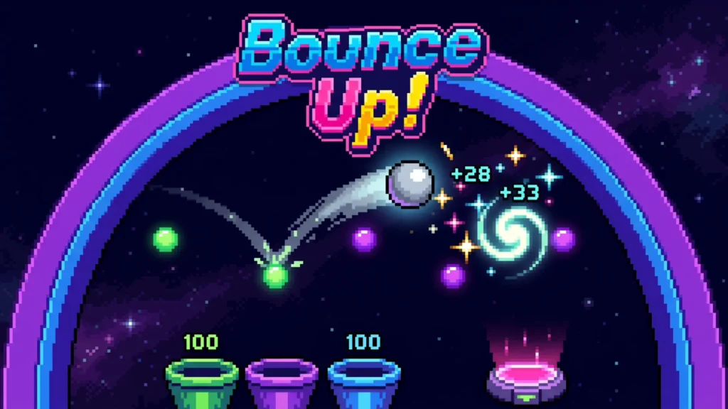 Promotional pixel art for the Bounce Up! Game featuring the vibrant neon title 'Bounce Up!' atop a purple archway against a starry space background. A silver ball bounces off glowing green and purple pegs, generating numbers like +28 and +33 near a swirling galaxy icon, while three colorful scoring buckets wait at the bottom.
