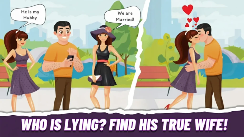 Brain Tricks Brain Games screenshot showing a split scene. On the left, a man stands between two women; one woman in a purple dress says "He is my Hubby" while the other in a black dress says "We are Married!". On the right, the man is kissing the woman in the purple dress. The bottom text reads 'WHO IS LYING? FIND HIS TRUE WIFE!' in white and purple letters