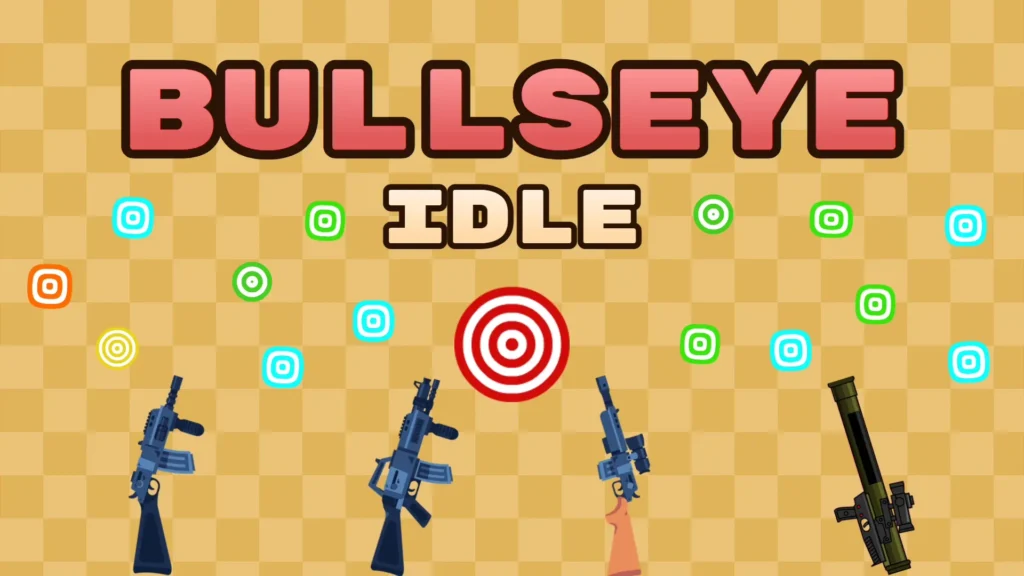 Promotional artwork for the Bullseye Idle Game featuring the title 'BULLSEYE IDLE' in bold red and beige block letters at the top. The background is a checkered pattern of light orange and yellow. In the center is a large red and white bullseye target, surrounded by smaller, glowing cyan, green, and orange digital targets. At the bottom of the screen, four different weapons point upwards ready to fire: an SMG, an assault rifle, a sniper rifle, and a green rocket launcher.