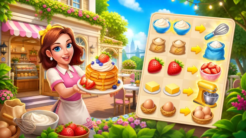 Cake Ready game banner featuring a smiling cartoon woman in a pink apron presenting a plate of stacked pancakes topped with syrup, whipped cream, strawberries, and blueberries. To the right, a puzzle board displays merge chains showing bowls of cream, bags of flour merging into a whisk, strawberries merging into a fruit bowl, butter merging into a yellow stand mixer, and eggs in a nest merging into a bowl of eggs. The background shows a sunny, cozy outdoor cafe with pink flowers.