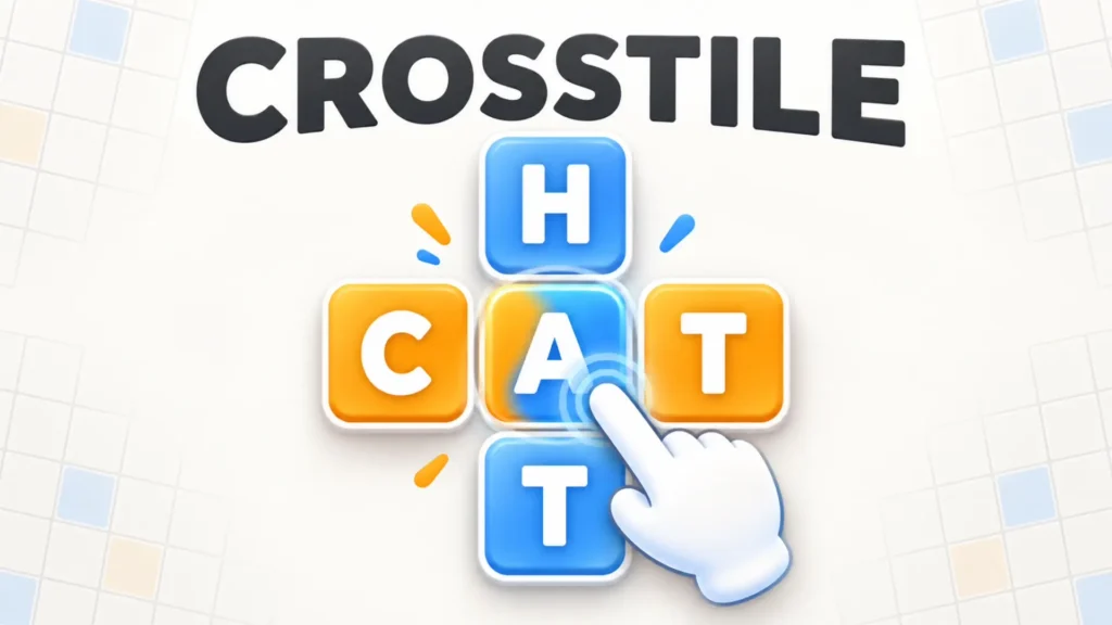 The word CROSSTILE written in bold dark letters above a clean, grid-patterned background, featuring a colorful crossword intersection puzzle with the vertical word HAT in blue tiles and the horizontal word CAT in orange tiles, while a white 3D cartoon hand cursor points to the shared letter A in the center.