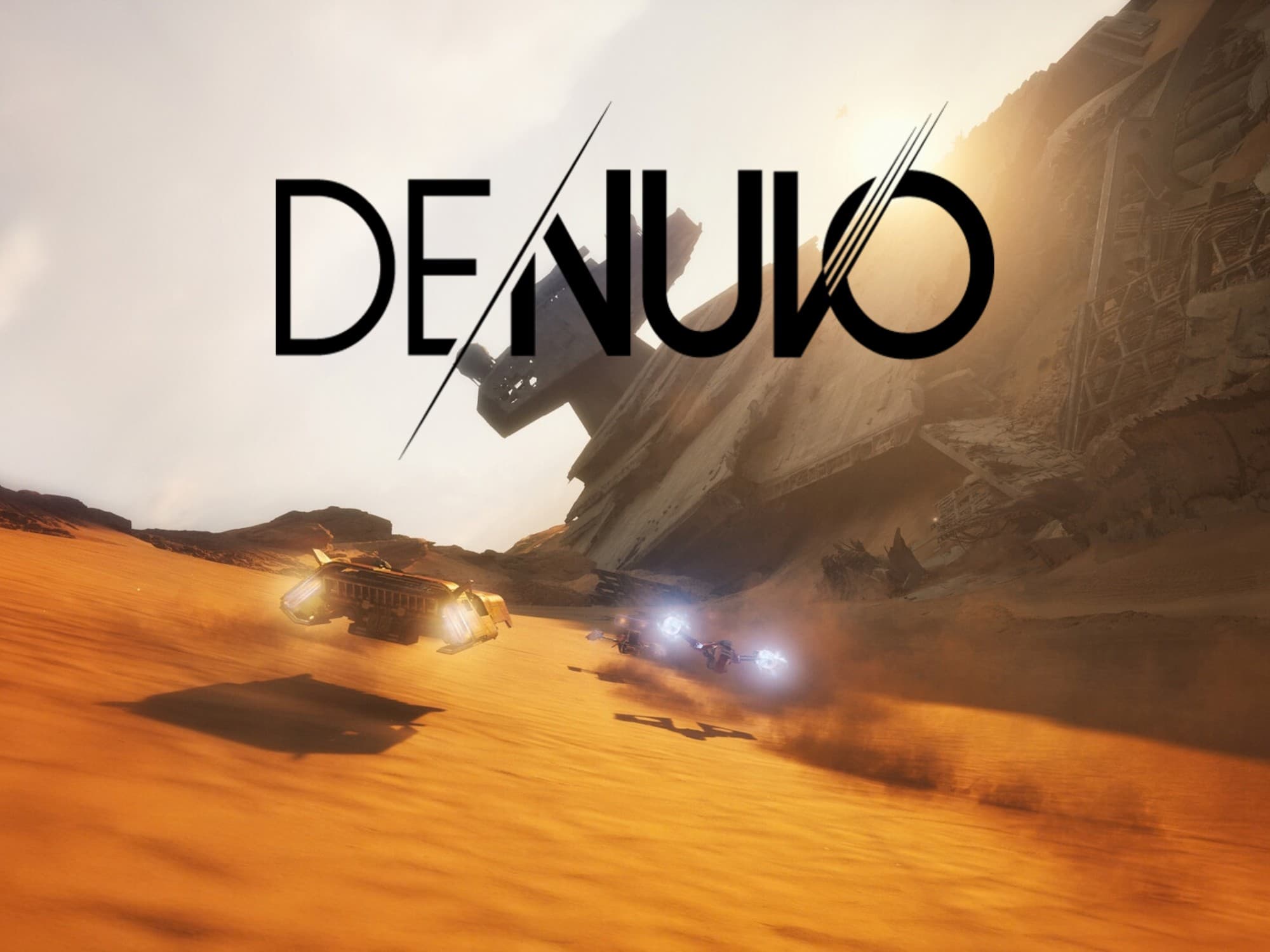 Denuvo logotips virs Star Wars: Galactic Racer sacīkšu kuģiem, kas traucas pa tuksneša kāpām garām avarējušam zvaigžņu iznīcinātājam
