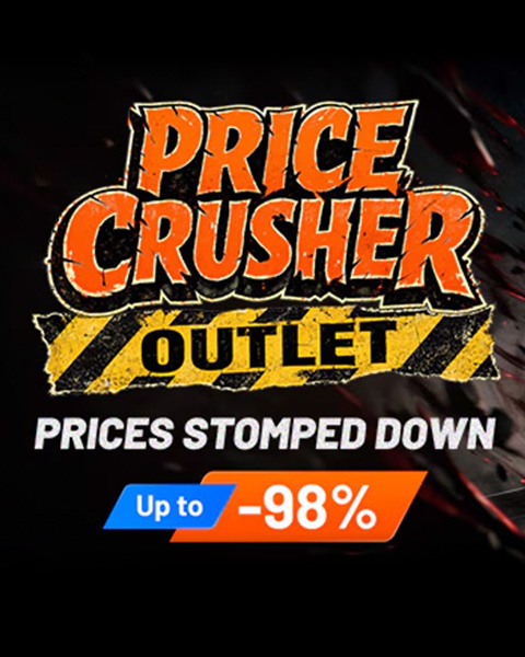 G2A Price Crusher Outlet reklāmas baneris ar tekstu Prices Stomped Down un atlaidēm līdz pat 98 procentiem uz tumša fona