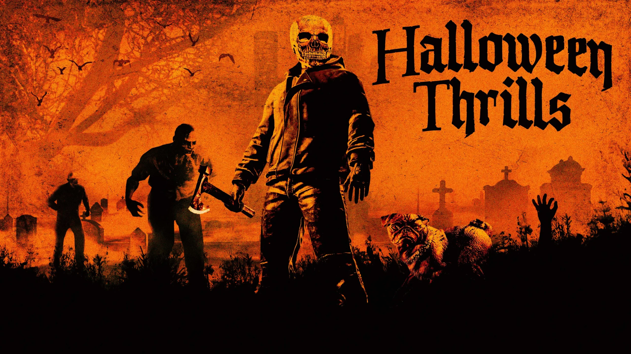Persona maskā ar cirvi rokās stāv kapsētā blakus citiem zombijiem un sunim ar oranžu, ugunīgu fonu un tekstu Halloween Thrills spēlē GTA Online.