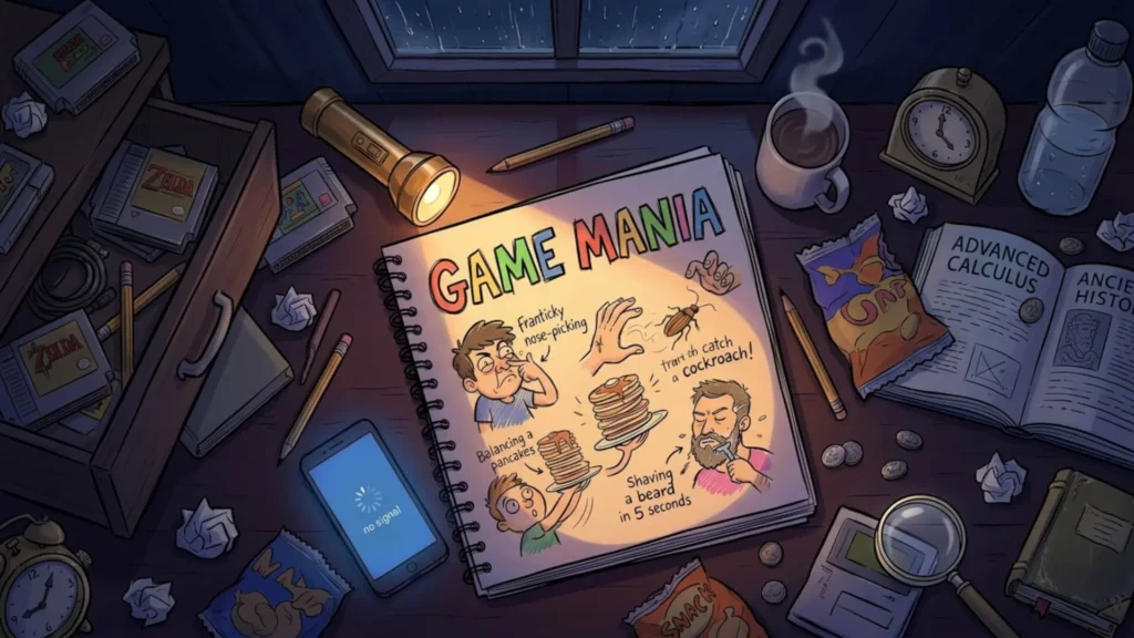 Game Mania arcade micro-game scene showing an open spiral notebook on a wooden desk lit by a flashlight at 3 AM during a rainy night, featuring hand-drawn ballpoint sketches of nose-picking, catching a cockroach, balancing pancakes, and shaving a beard alongside a smartphone displaying a no signal icon