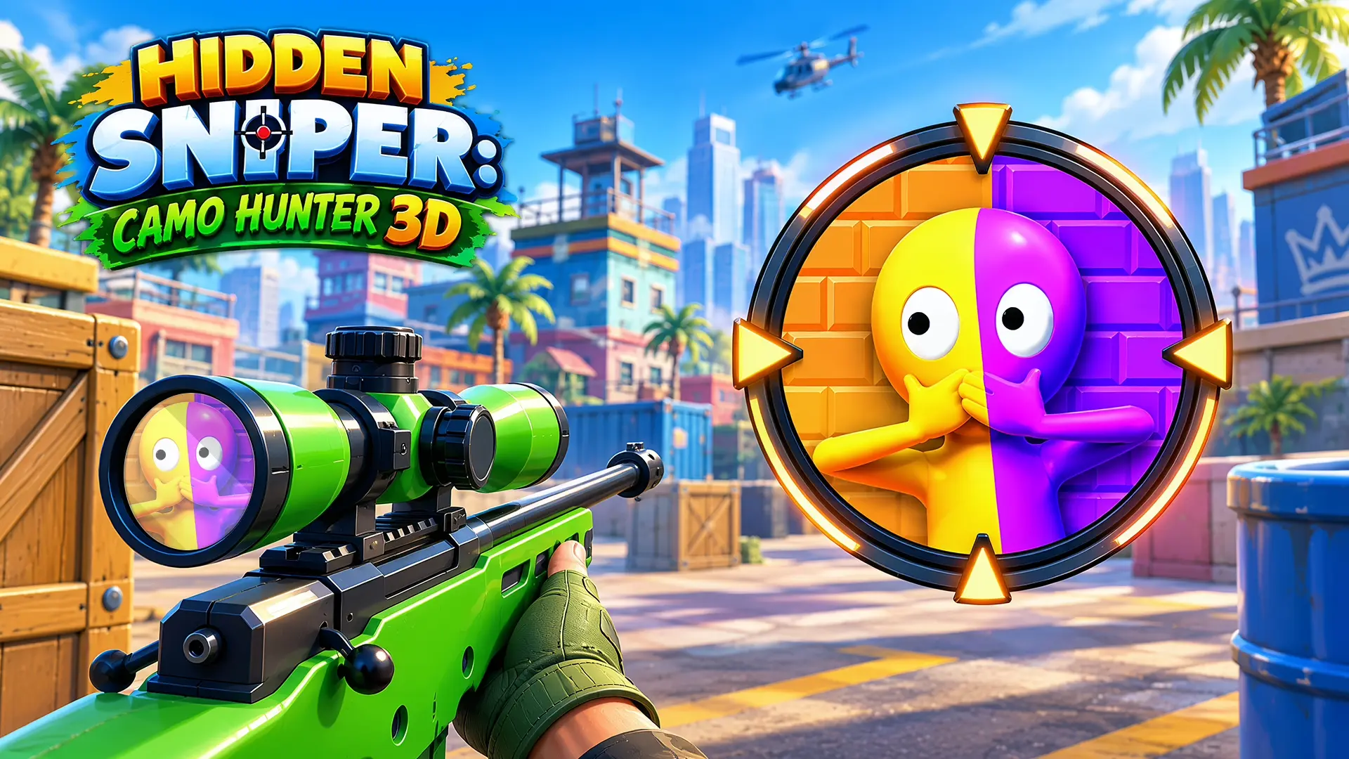 A first-person perspective holding a bright green sniper rifle aiming at a cartoon character painted half yellow and half purple, covering its mouth in surprise while blending perfectly into a matching yellow and purple brick wall, set against a vibrant city background with palm trees, buildings, and a flying helicopter.