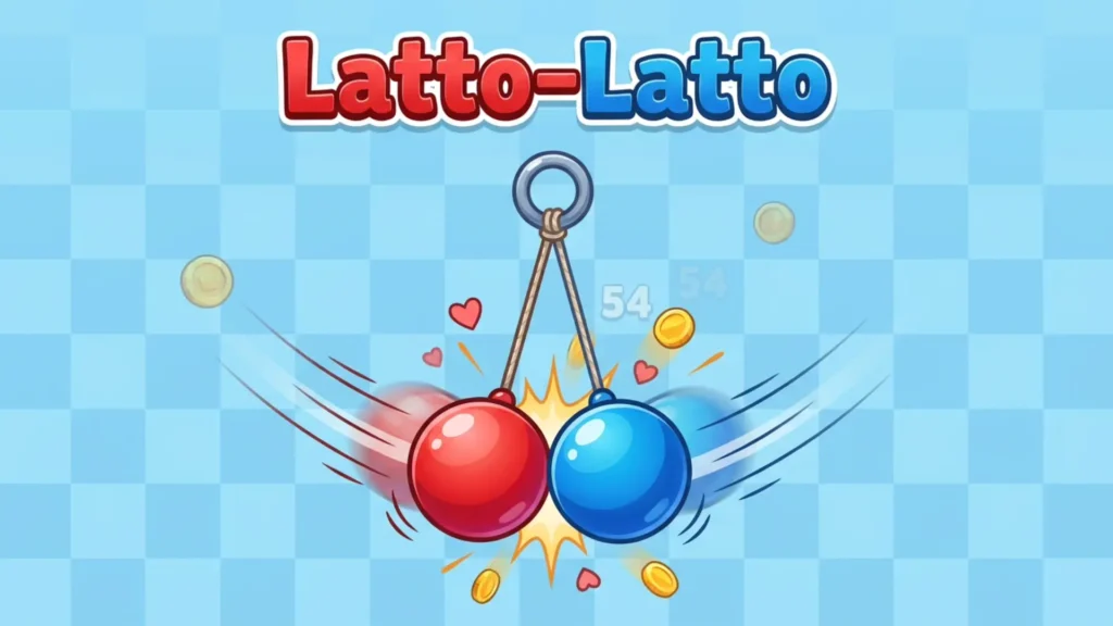 Latto-Latto game banner showing a classic clacker toy with one red ball and one blue ball swinging on strings from a silver ring handle. The balls are crashing together in the center, creating a yellow impact explosion surrounded by flying gold coins and little red hearts against a light blue checkered background. The title 'Latto-Latto' is displayed at the top in red and blue bubbly letters.