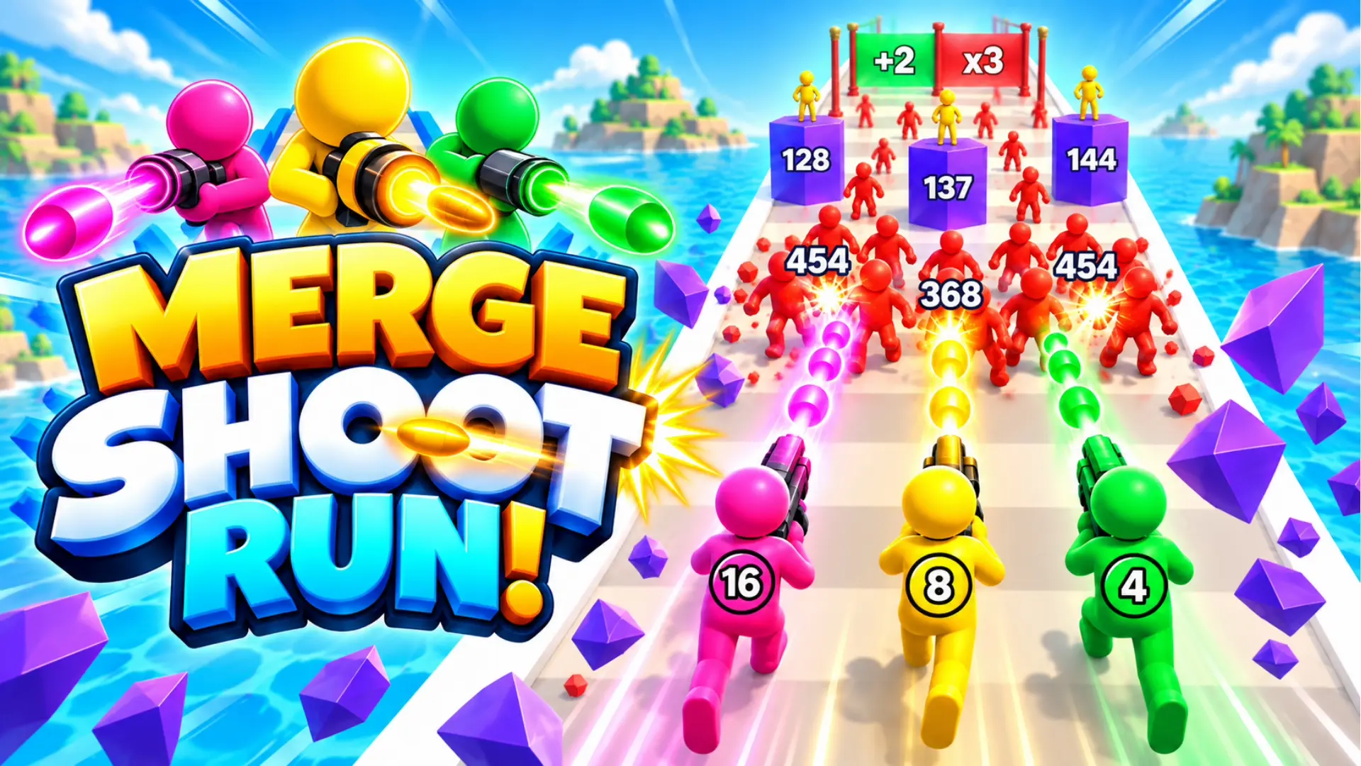 Merge Shoot Run game banner showing bright pink, yellow, and green character figures numbered 16, 8, and 4 firing colorful lasers down a white track. They are shooting at a massive crowd of red enemy figures and purple numbered blocks under green and red multiplier gates. The vibrant title 'MERGE SHOOT RUN!' is on the left, set against a sunny ocean landscape.