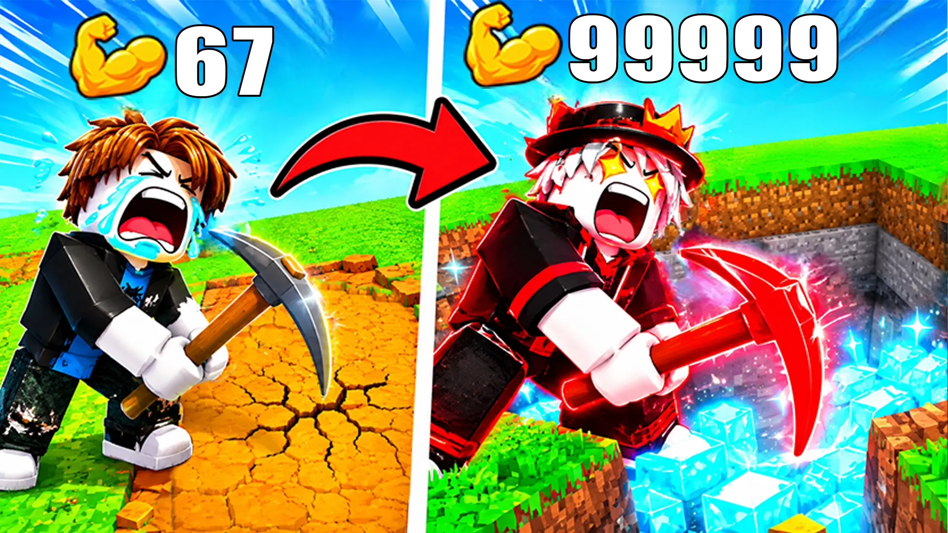 A before-and-after split screen for Obby: +1 Digging Power per Click. On the left, a crying blocky character with a basic pickaxe and 67 strength struggles to mine dry dirt. On the right, a powerful glowing red character with a glowing pickaxe and 99999 strength effortlessly mines deep into glowing blue ice blocks.