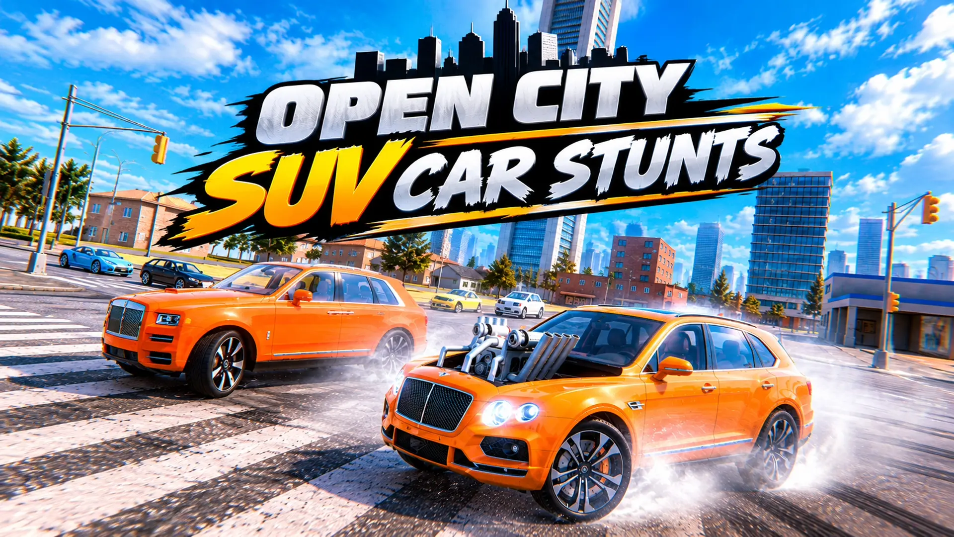 Open City SUV Car Stunts game banner showing a bright orange luxury SUV with a massive, exposed supercharger engine bursting through the hood, drifting aggressively across a city crosswalk. In the background, another orange SUV drives on a multi-lane road surrounded by modern city skyscrapers under a sunny blue sky, with the dynamic 3D title 'OPEN CITY SUV CAR STUNTS' spanning the top center.