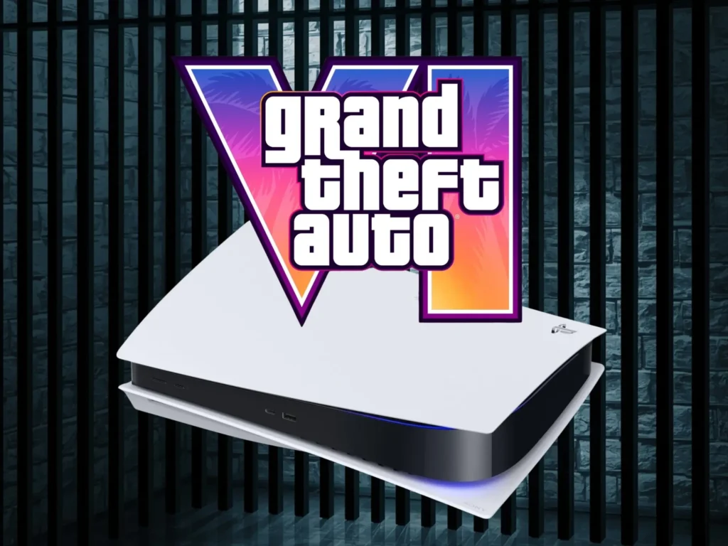 PS5 konsole un GTA 6 logo kontekstā ar 14.10 jailbreak