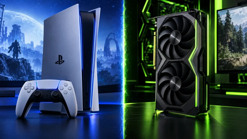 PS6 konsole salīdzinājumā ar Nvidia RTX videokarti neonu apgaismojumā