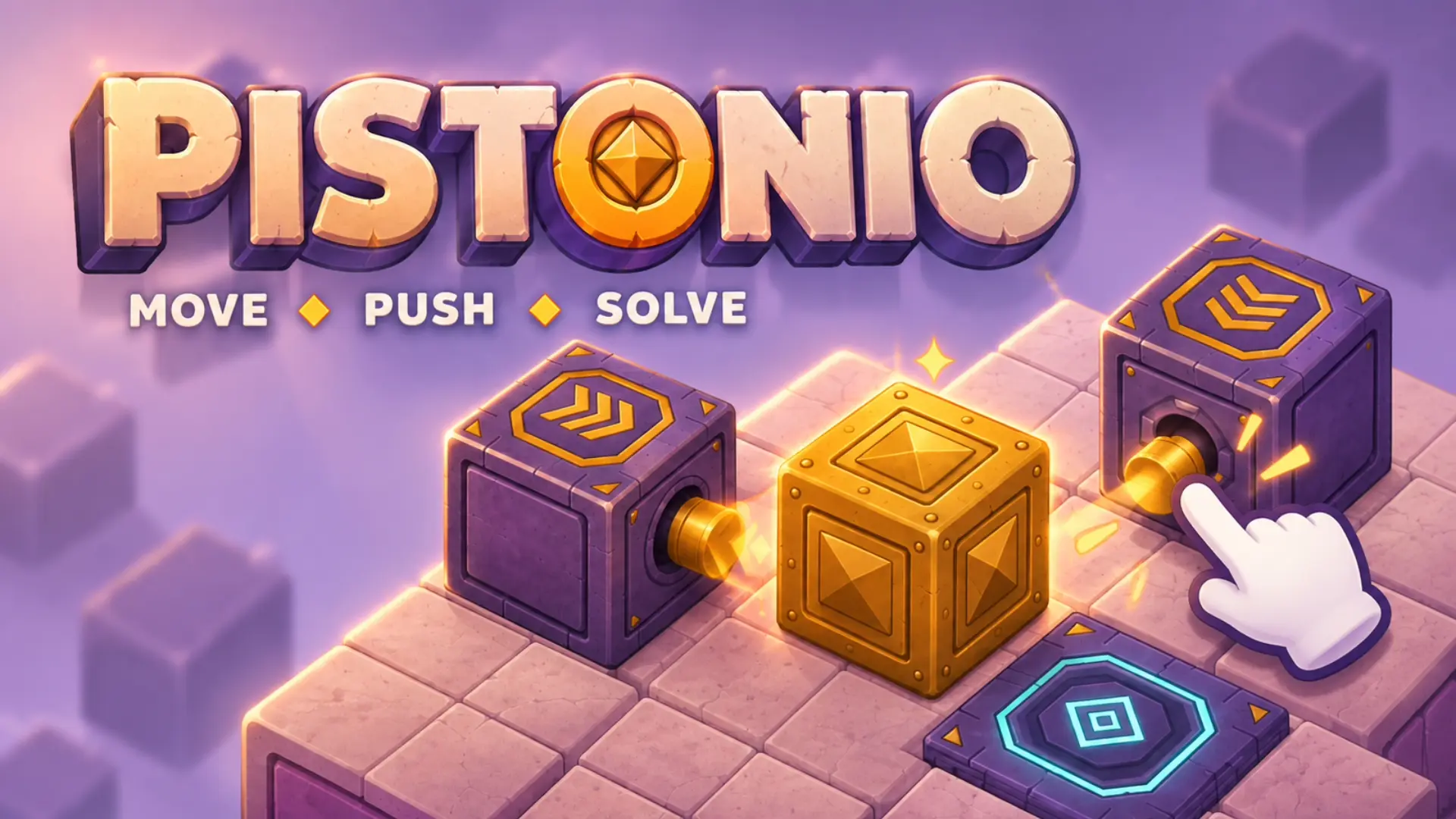 Promotional artwork for the game Pistonio, featuring the title 'PISTONIO' in bold, 3D stone-like letters with a golden coin embedded in the second 'O'. Below the title are the words 'MOVE', 'PUSH', 'SOLVE' separated by yellow diamonds. On a grid of stone tiles, a white cartoon hand cursor clicks a golden button on a purple mechanical piston block. The piston fires a burst of energy to push a glowing, spiked golden cube toward a futuristic blue goal plate, with another purple block visible in the background