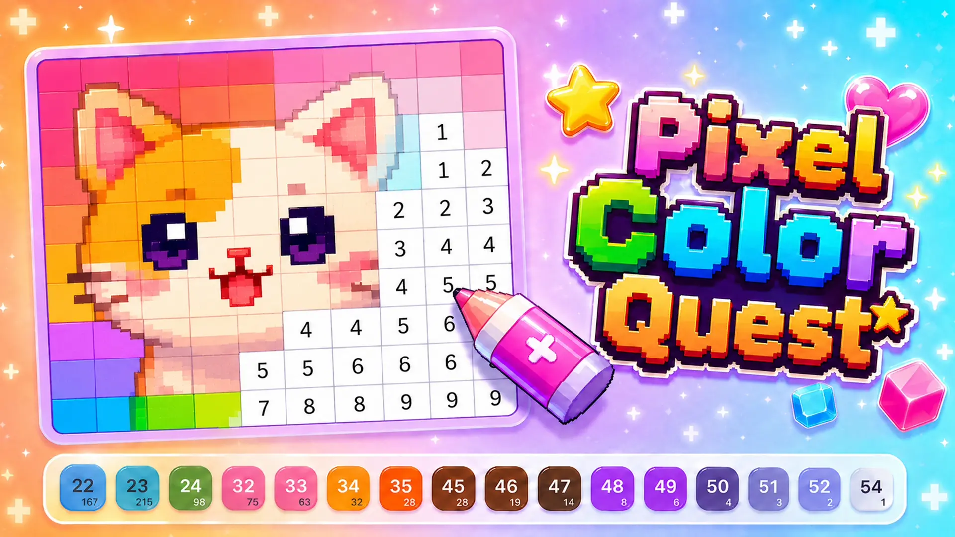 Pixel Color Quest game banner featuring an adorable pixel art kitten with white and orange fur and large purple eyes on a numbered grid canvas. A stylized pink crayon with a plus sign colors in the bottom-right numbered squares next to the vibrant 3D title 'Pixel Color Quest' and a bottom color palette bar displaying numbered pastel swatches.