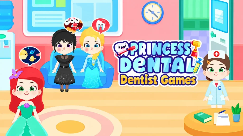 Princess Dental Dentist Games banner showing a bright city dental clinic waiting room. Two sad princesses—one with black hair in a dark dress and one with blonde hair in a blue dress—sit on a blue couch with thought bubbles displaying painful teeth and germs. A smiling red-haired princess in a green dress and a cute nurse character stand in the foreground next to a vibrant logo featuring a happy tooth holding a toothbrush.