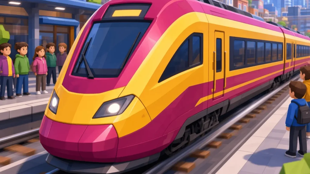 A vibrant, low-poly 3D scene of a bright pink and yellow modern passenger train stopped at a station platform. Several stylized passengers, including adults and children wearing colorful jackets, wait on the platform to board. The background features city buildings under a clear blue sky