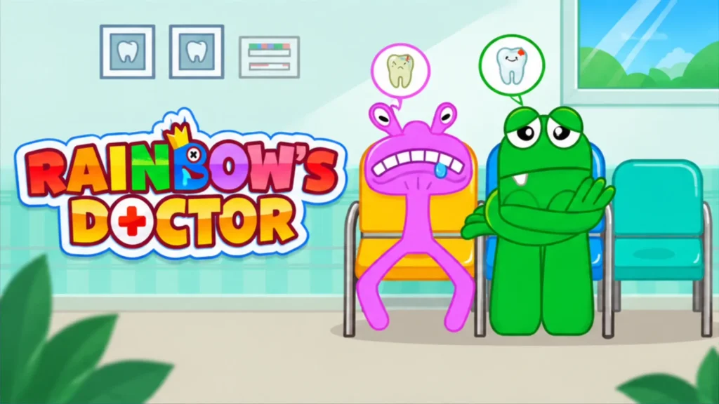 Rainbow's Doctor game banner showing a waiting room with a pink alien-like monster and a green monster sitting in colorful clinic chairs. Both characters look worried with thought bubbles displaying damaged and aching teeth above their heads, positioned next to the colorful 'RAINBOW'S DOCTOR' logo on the clinic wall.