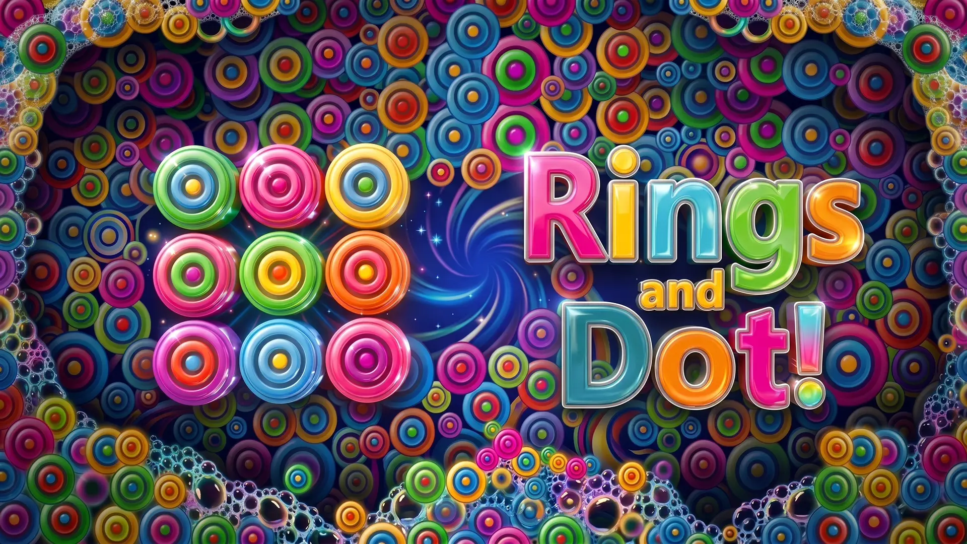 Rings and Dot! game banner showing a vibrant, colorful background filled with hundreds of overlapping concentric circles. On the left, a 3x3 tic-tac-toe grid is filled with glowing, multicolored neon rings and center dots. To the right, the shiny, bubbly 3D text 'Rings and Dot!' floats over a swirling blue vortex.