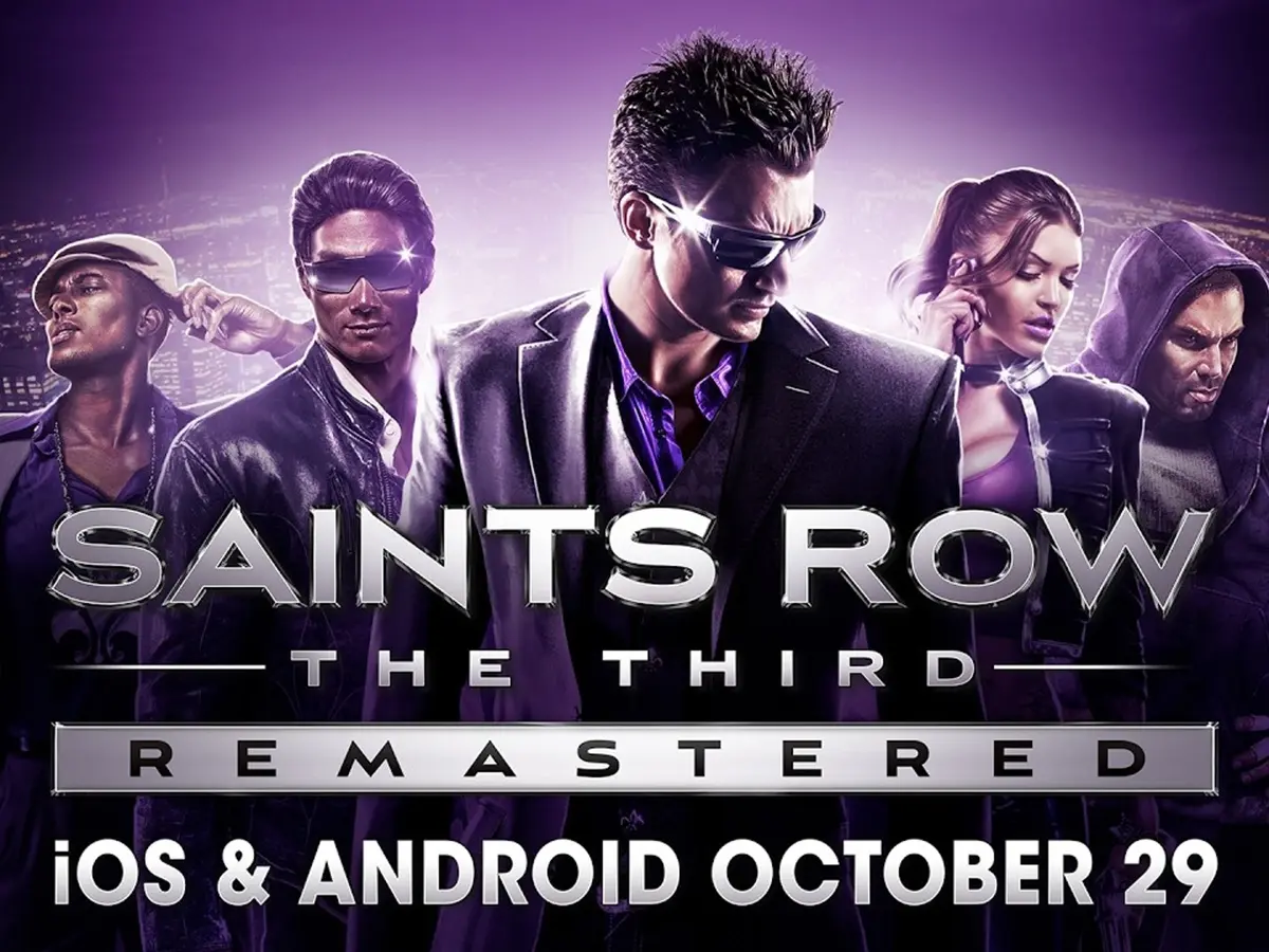 Saints Row: The Third Remastered galvenie tēli un reklāmas baneris, kas paziņo par spēles iznākšanu uz iOS un Android 29. oktobrī