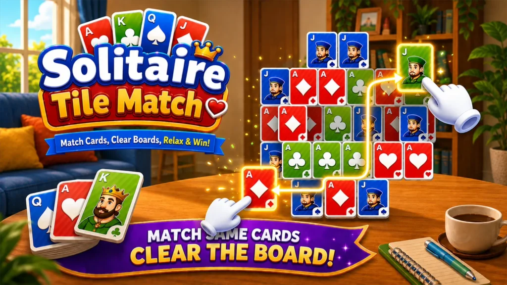 Solitaire Tile Match game banner showing a cozy living room background with a wooden table, coffee cup, and notepad. A puzzle board made of playing card tiles rests on the table, with animated white cartoon hands tapping matching Ace and Jack cards to clear them. The vibrant 3D title 'Solitaire Tile Match' sits on the left above a purple banner reading 'MATCH SAME CARDS CLEAR THE BOARD!'.